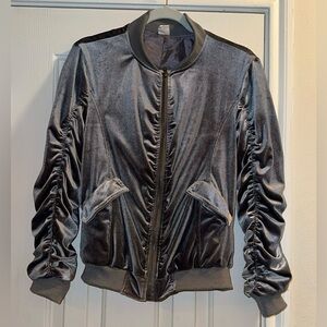 Libby Story Silver Ruched Velvet Zip-Up Bomber Jacket